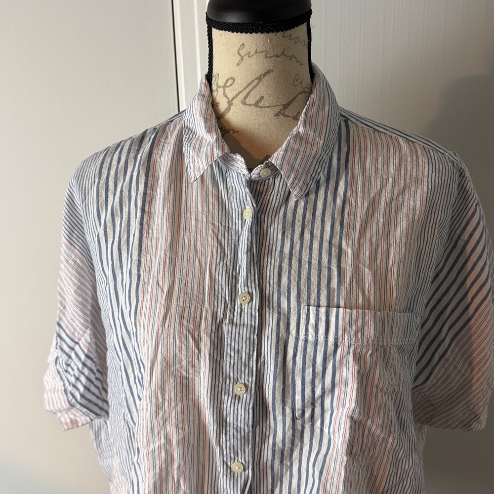 MADEWELL Short-Sleeve Tie-Front Striped Shirt size Large Blue and White - Picture 4 of 9